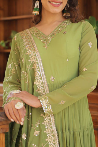 Green Captivating Unique Colored Faux Georgette Embroidered Gown with Sequined Dupatta ClothsVilla