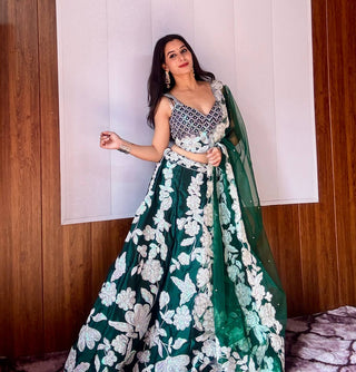 Green Celebrate Indian Elegance — Kasturi Silk Georgette Lehenga Set with Rainbow Sequins & Dori Work ClothsVilla