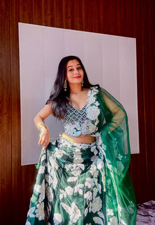 Green Celebrate Indian Elegance — Kasturi Silk Georgette Lehenga Set with Rainbow Sequins & Dori Work ClothsVilla