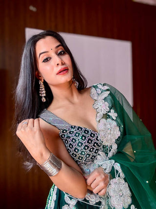 Green Celebrate Indian Elegance — Kasturi Silk Georgette Lehenga Set with Rainbow Sequins & Dori Work ClothsVilla