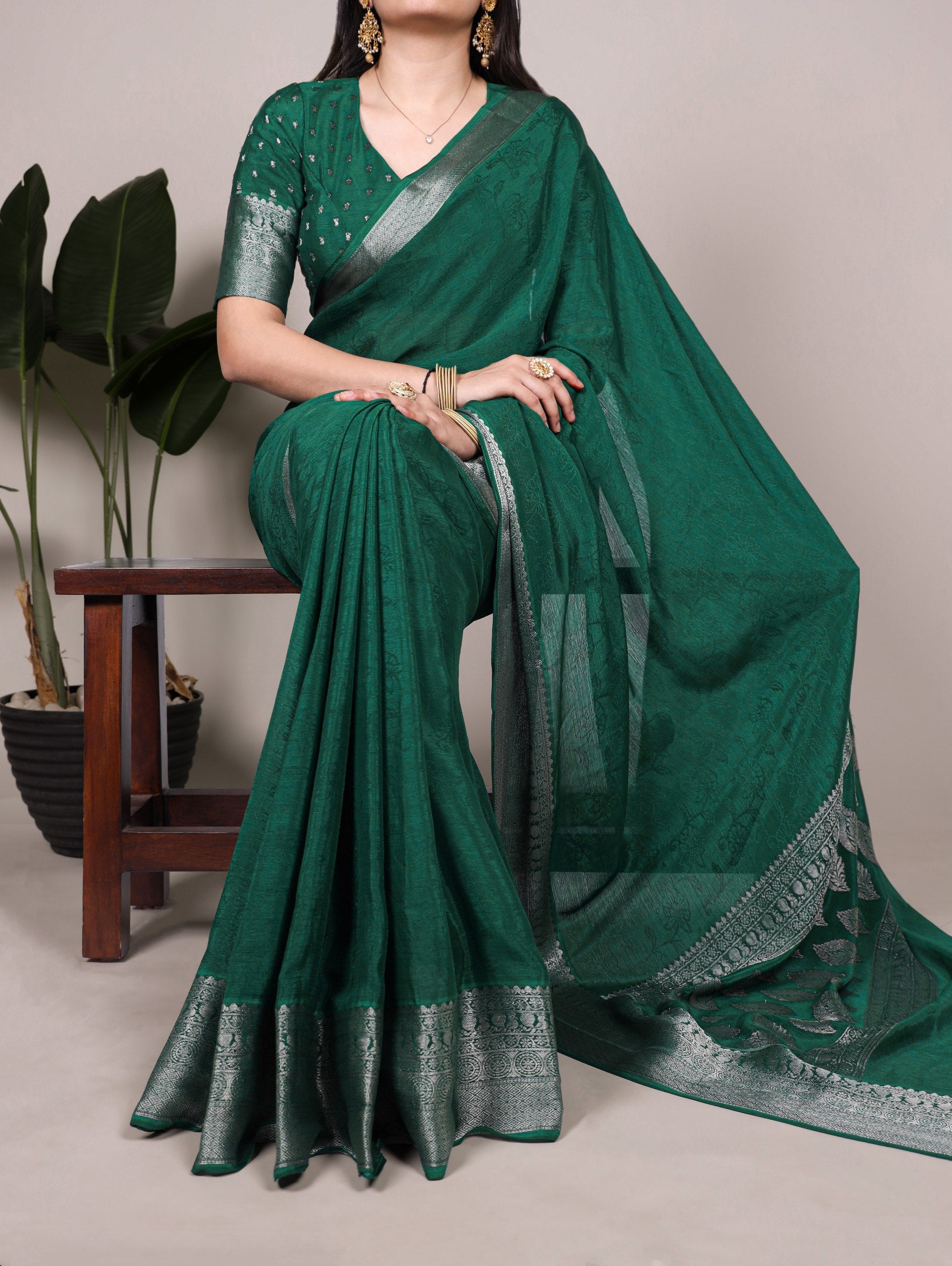 Green Chinon Self-Printed Saree with Zari Weaving Work & Matching Unstitched Blouse – Lightweight Festive & Traditional Wear Saree for Women ClothsVilla Main image