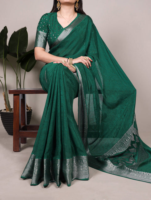 Green Chinon Self-Printed Saree with Zari Weaving Work & Matching Unstitched Blouse – Lightweight Festive & Traditional Wear Saree for Women ClothsVilla Main image