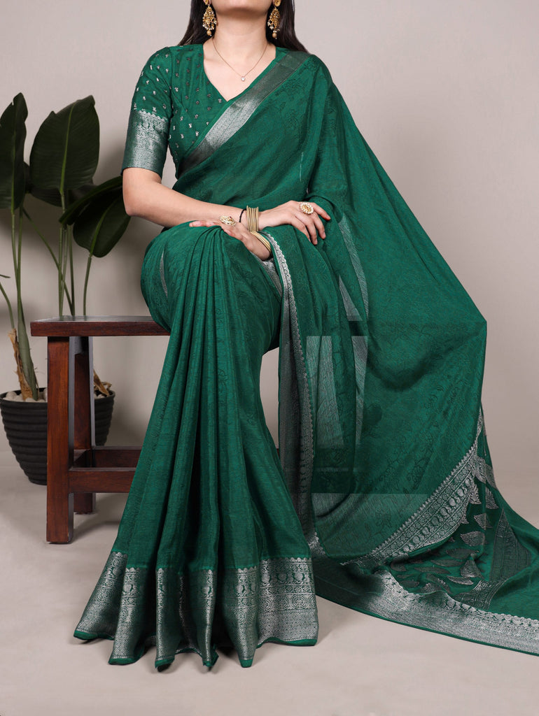 Green Chinon Self-Printed Saree with Zari Weaving Work & Matching Unstitched Blouse – Lightweight Festive & Traditional Wear Saree for Women ClothsVilla