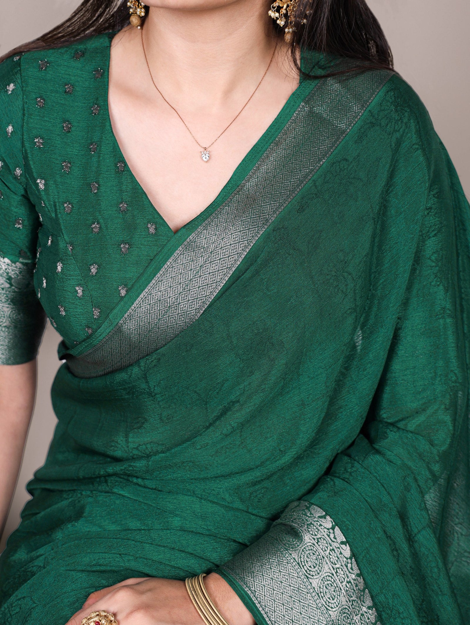 Green Chinon Self-Printed Saree with Zari Weaving Work & Matching Unstitched Blouse – Lightweight Festive & Traditional Wear Saree for Women ClothsVilla