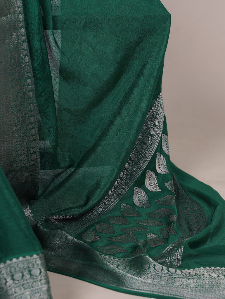 Green Chinon Self-Printed Saree with Zari Weaving Work & Matching Unstitched Blouse – Lightweight Festive & Traditional Wear Saree for Women ClothsVilla