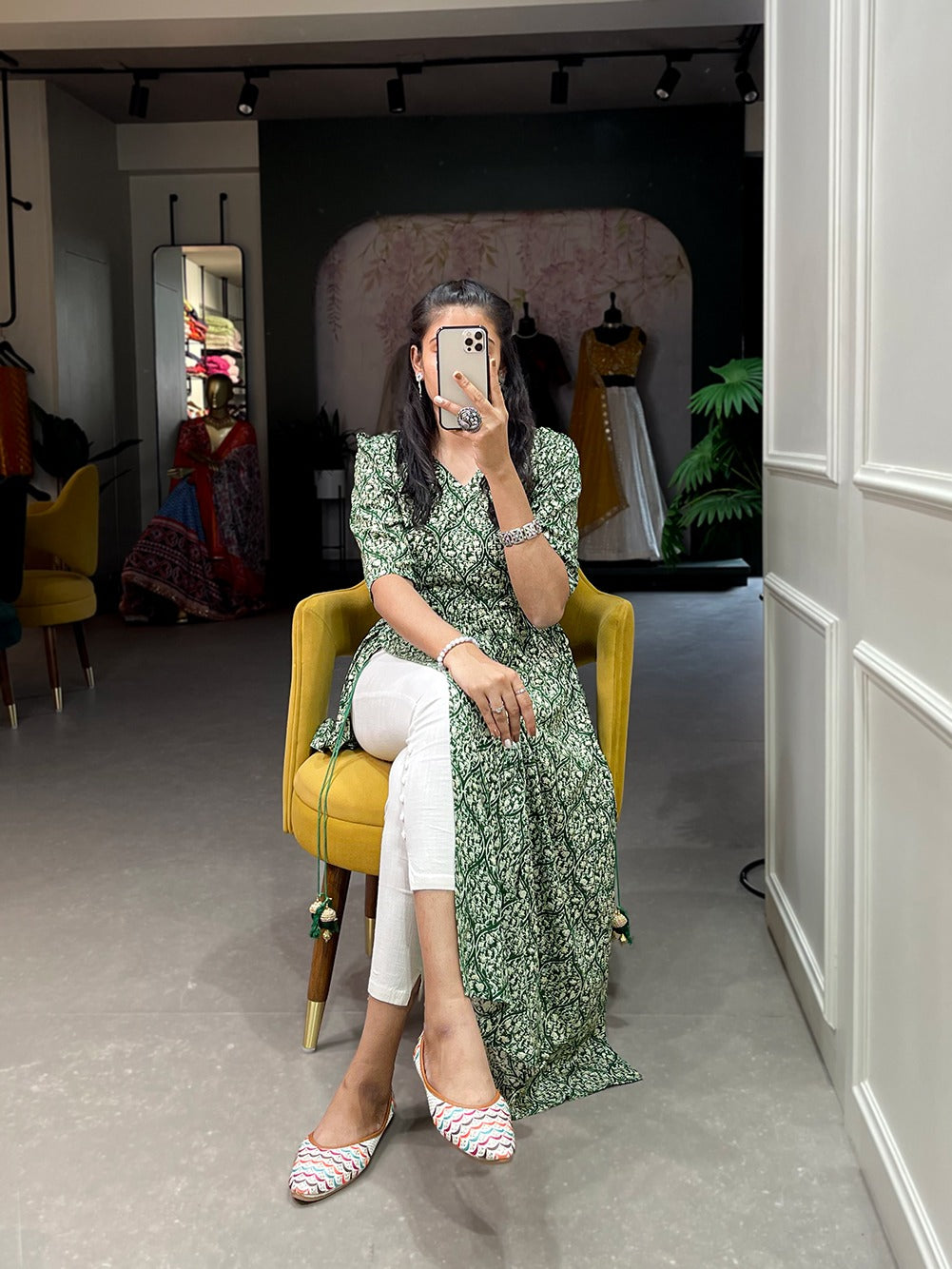 Green Color Classy & Comfy Rayon Cotton Nayra Kurti with Foil Print and Tassels Secondary image