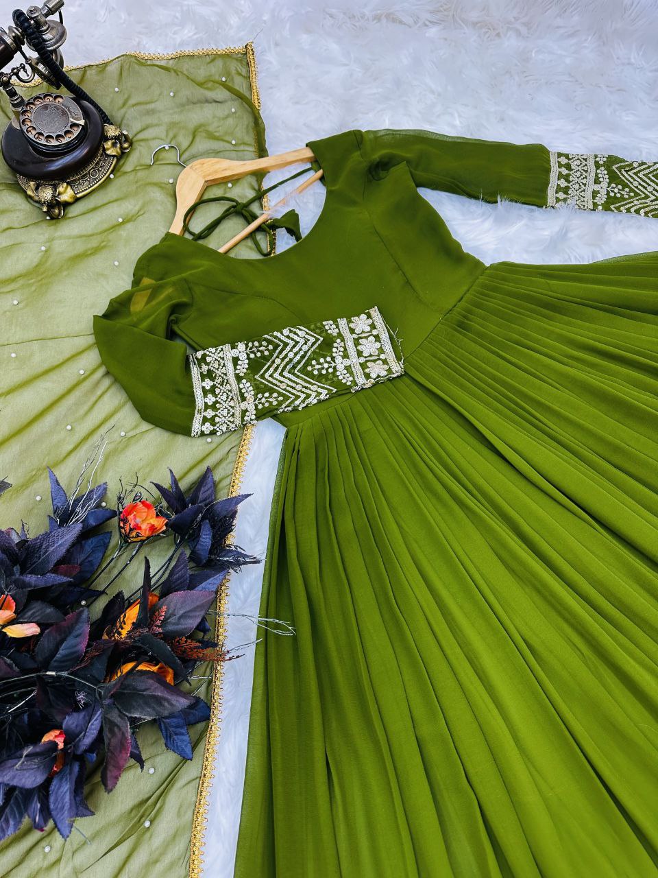 Green Color Enchanting Fox Georgette Embroidered Gown: Flowing Elegance for Special Occasions ClothsVilla