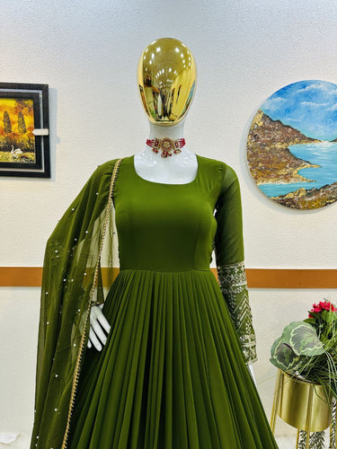 Green Color Enchanting Fox Georgette Embroidered Gown: Flowing Elegance for Special Occasions ClothsVilla