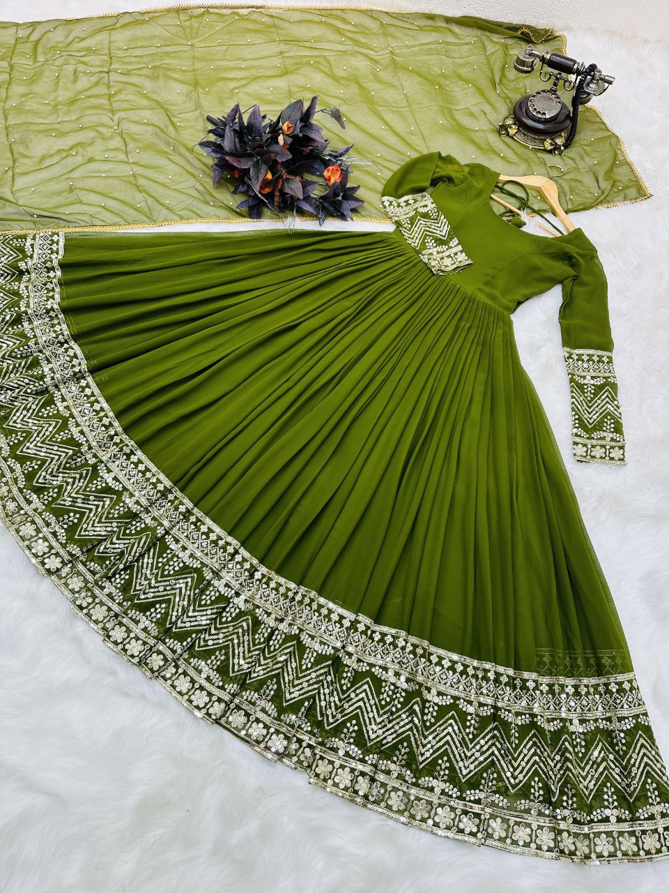 Green Color Enchanting Fox Georgette Embroidered Gown: Flowing Elegance for Special Occasions ClothsVilla