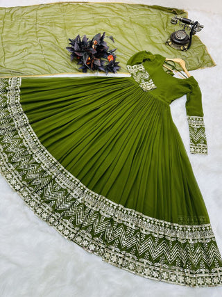 Green Color Enchanting Fox Georgette Embroidered Gown: Flowing Elegance for Special Occasions ClothsVilla