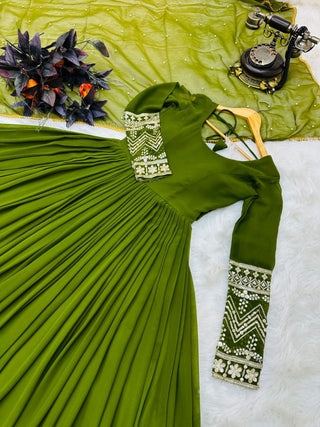 Green Color Enchanting Fox Georgette Embroidered Gown: Flowing Elegance for Special Occasions ClothsVilla