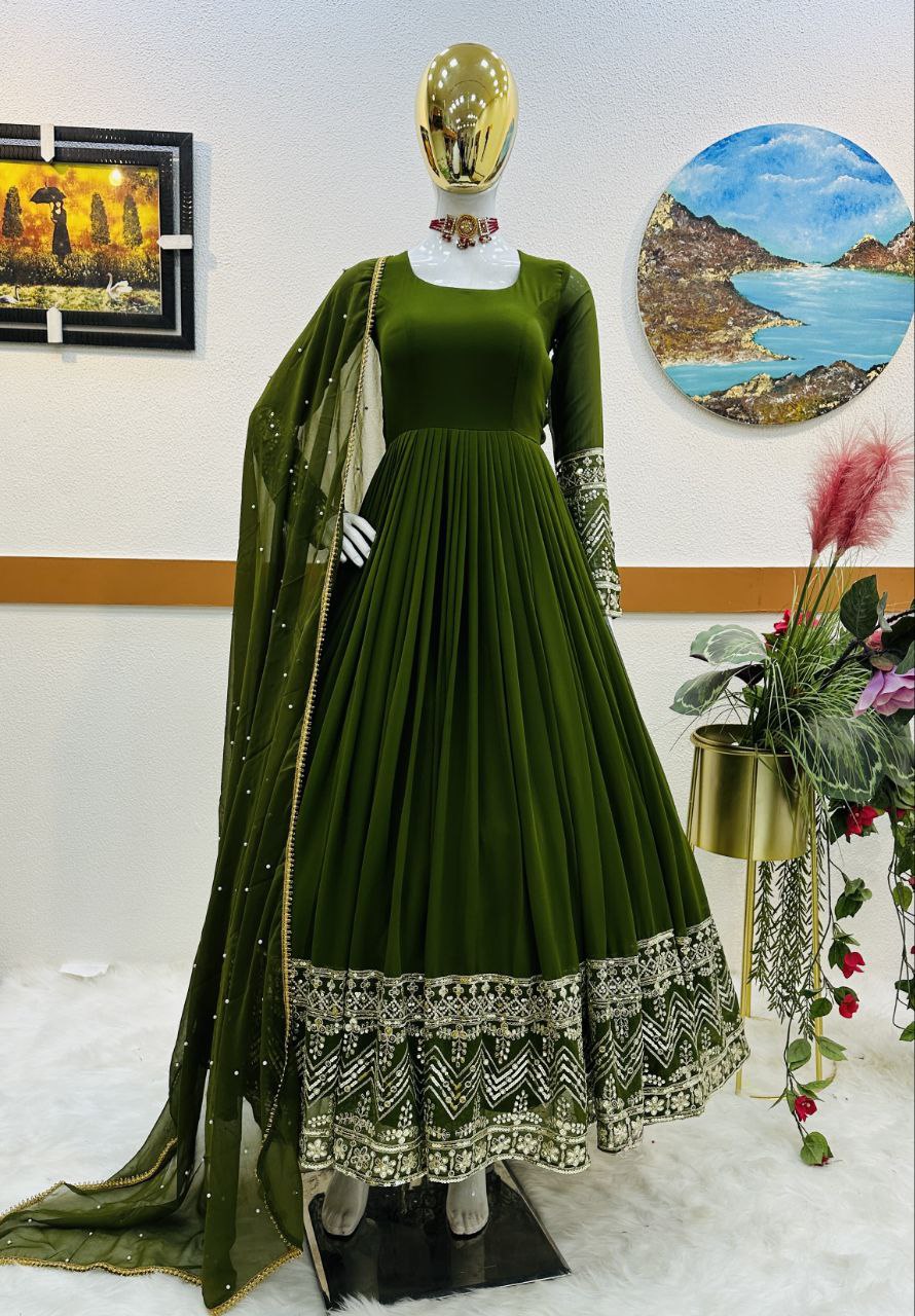 Green Color Enchanting Fox Georgette Embroidered Gown: Flowing Elegance for Special Occasions ClothsVilla Main image