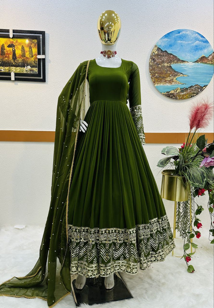 Green Color Enchanting Fox Georgette Embroidered Gown: Flowing Elegance for Special Occasions ClothsVilla