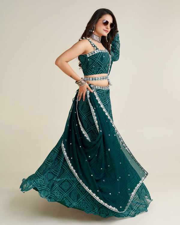 Green Color Exquisite Digital Print Lehenga Set with Mirror & Sequin Work ClothsVilla