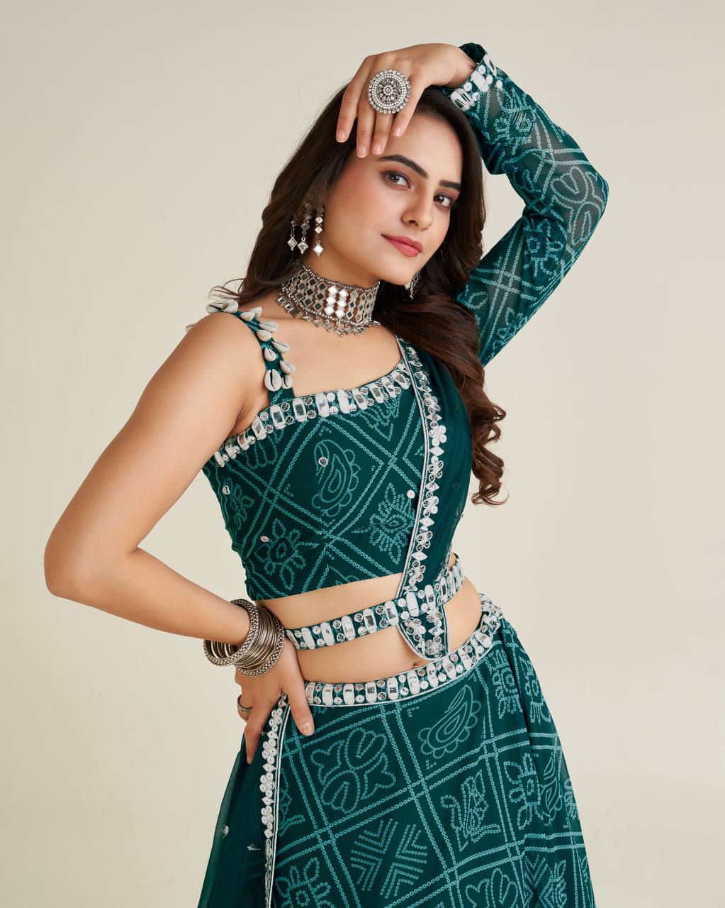 Green Color Exquisite Digital Print Lehenga Set with Mirror & Sequin Work ClothsVilla