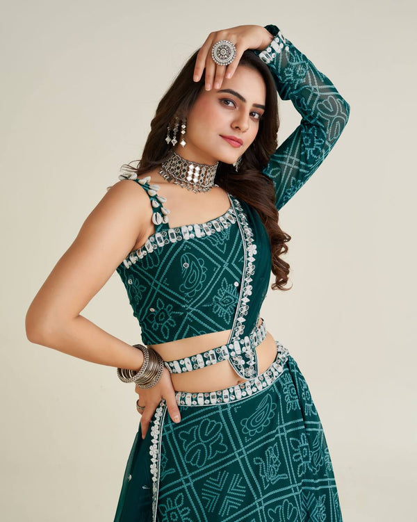 Green Color Exquisite Digital Print Lehenga Set with Mirror & Sequin Work ClothsVilla