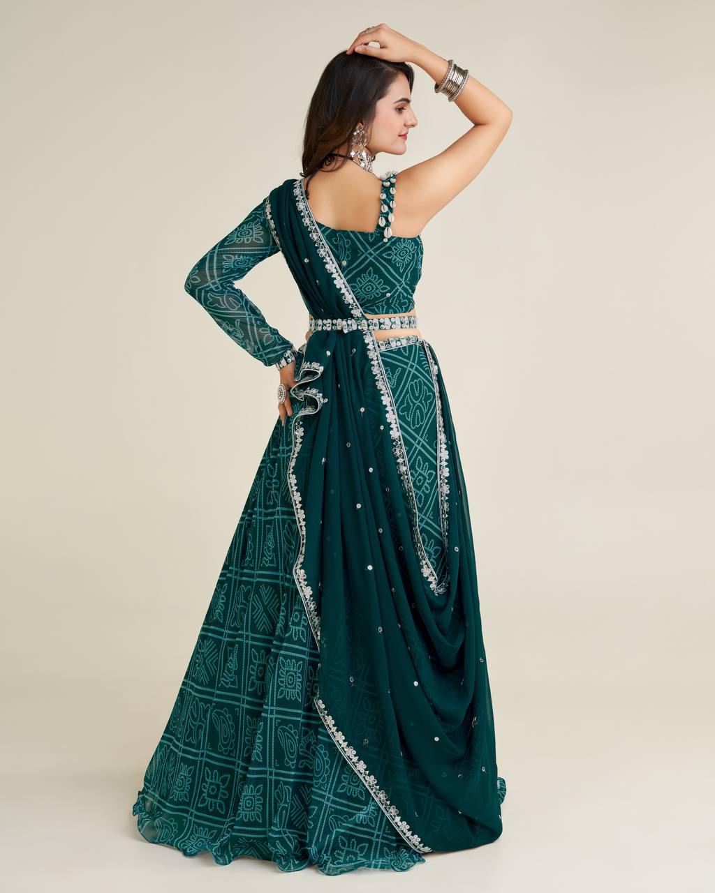 Green Color Exquisite Digital Print Lehenga Set with Mirror & Sequin Work ClothsVilla
