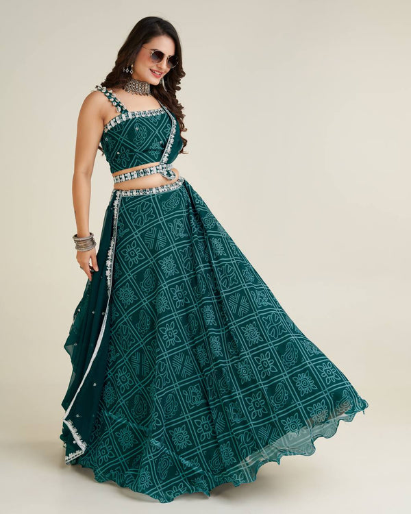 Green Color Exquisite Digital Print Lehenga Set with Mirror & Sequin Work ClothsVilla