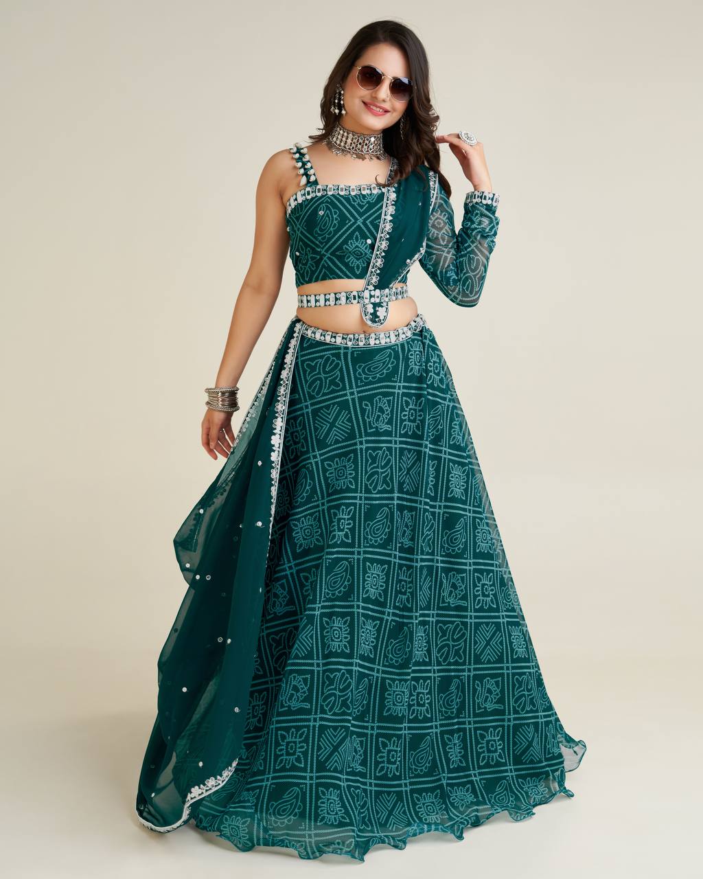 Green Color Exquisite Digital Print Lehenga Set with Mirror & Sequin Work ClothsVilla Main image