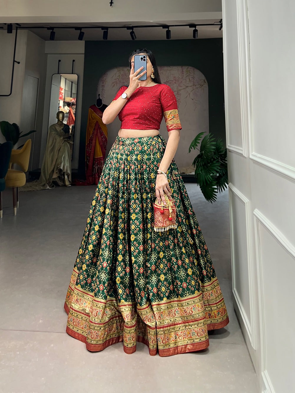 Green Color Ikkat Patola Co-ord Set Lehenga ClothsVilla