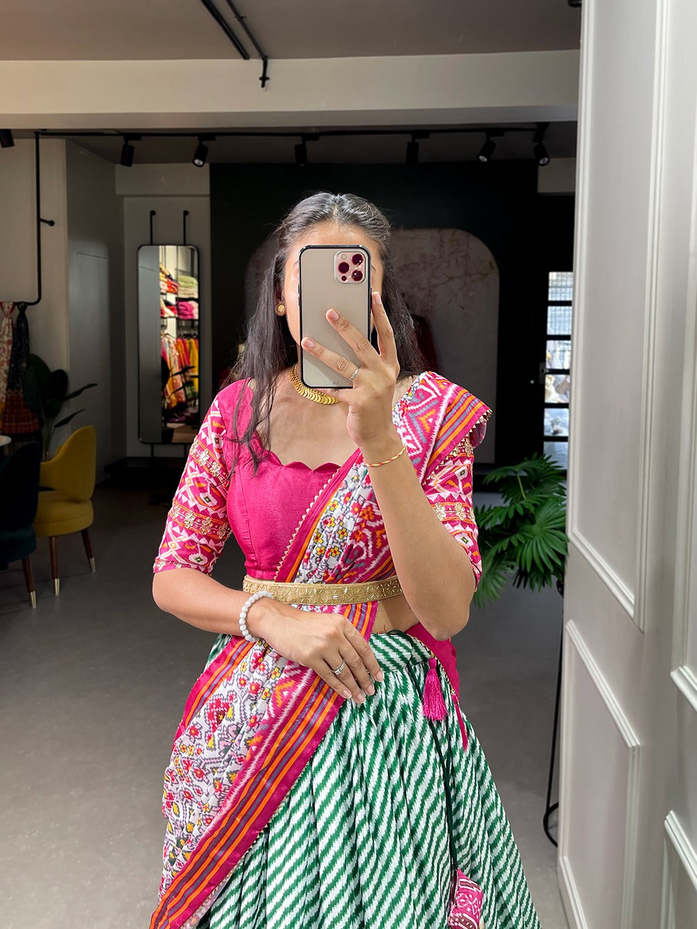 Green Color Leheriya Patola Print Chinon Lehenga Choli Clothsvilla