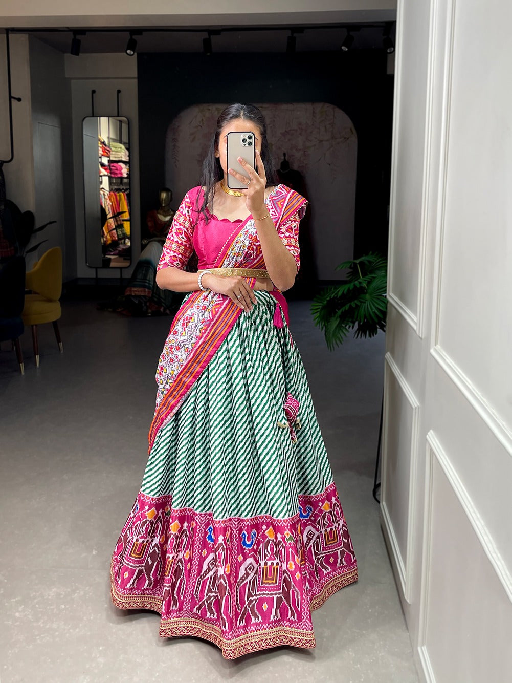 Green Color Leheriya Patola Print Chinon Lehenga Choli Clothsvilla