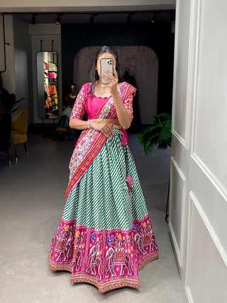 Green Color Leheriya Patola Print Chinon Lehenga Choli Clothsvilla