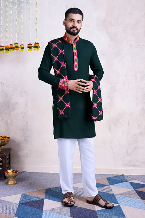 Green Color Men's Wear Embroidered Kurta with Dupatta Collection Clothsvilla