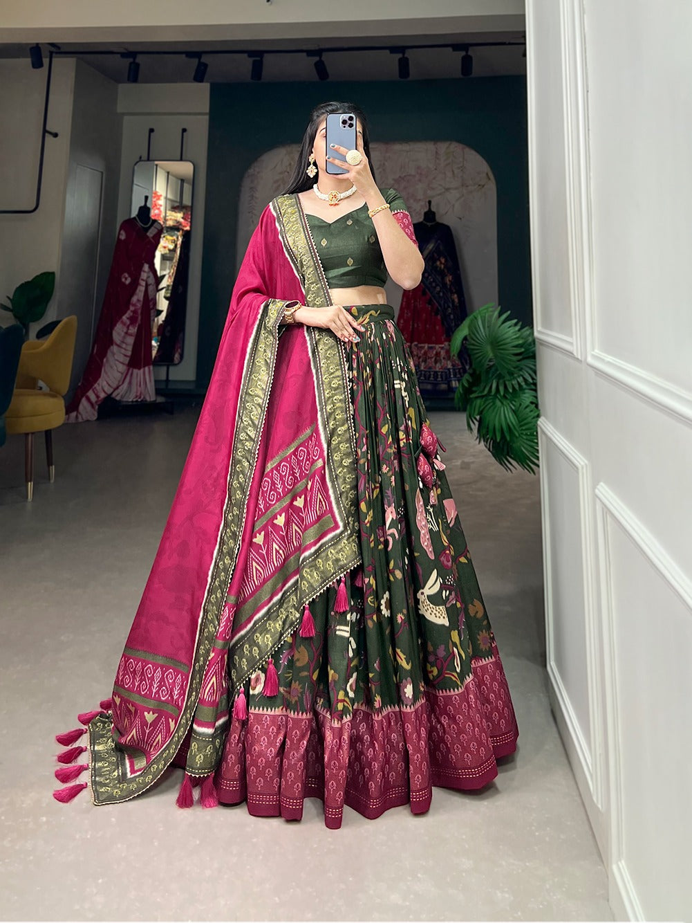 Green Color Mesmerize in Dola Silk Elegance Printed Lehenga Choli Set with Foil Work & Minakari ClothsVilla