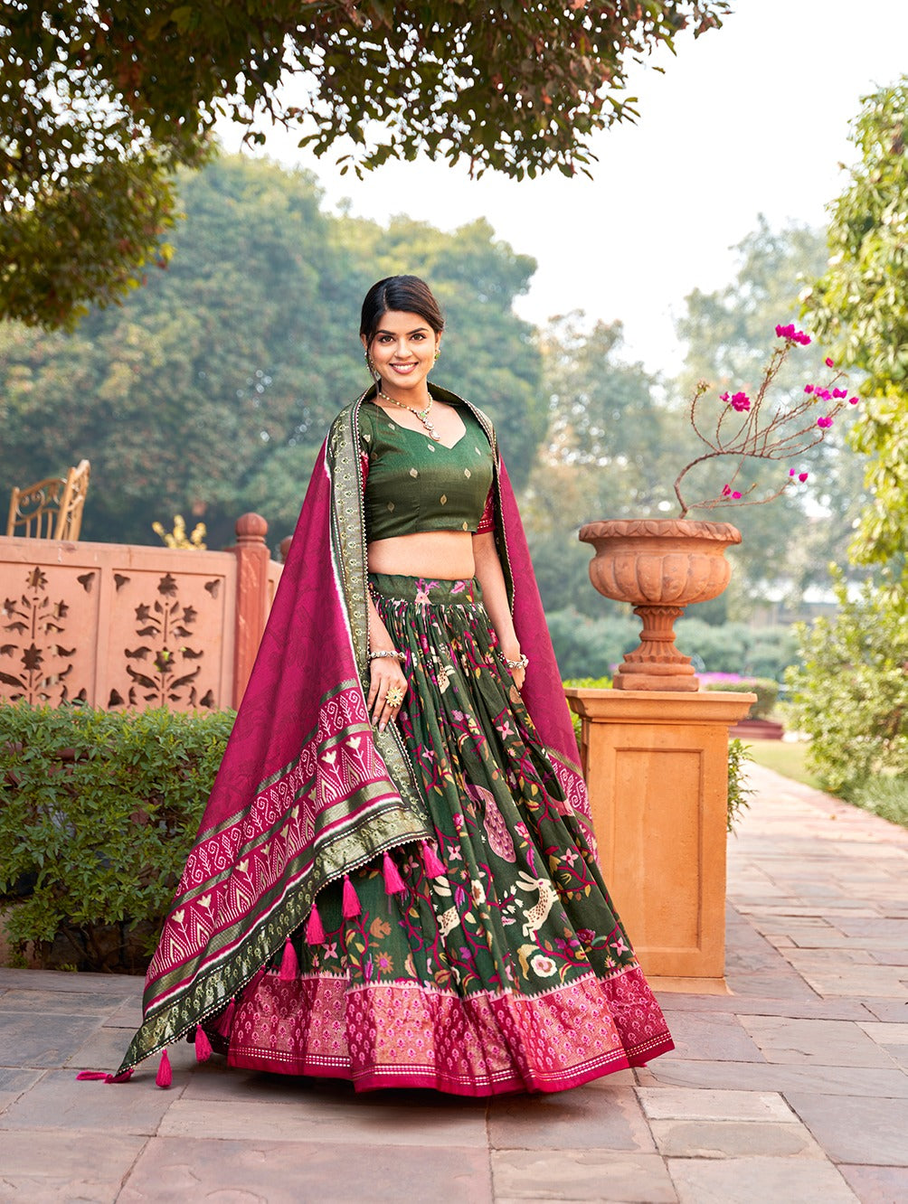 Green Color Mesmerize in Dola Silk Elegance Printed Lehenga Choli Set with Foil Work & Minakari ClothsVilla