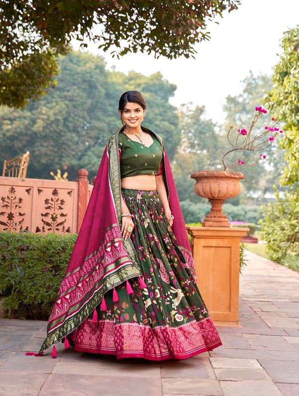 Green Color Mesmerize in Dola Silk Elegance Printed Lehenga Choli Set with Foil Work & Minakari ClothsVilla