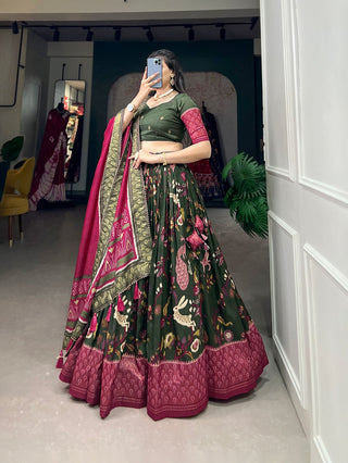 Green Color Mesmerize in Dola Silk Elegance Printed Lehenga Choli Set with Foil Work & Minakari ClothsVilla