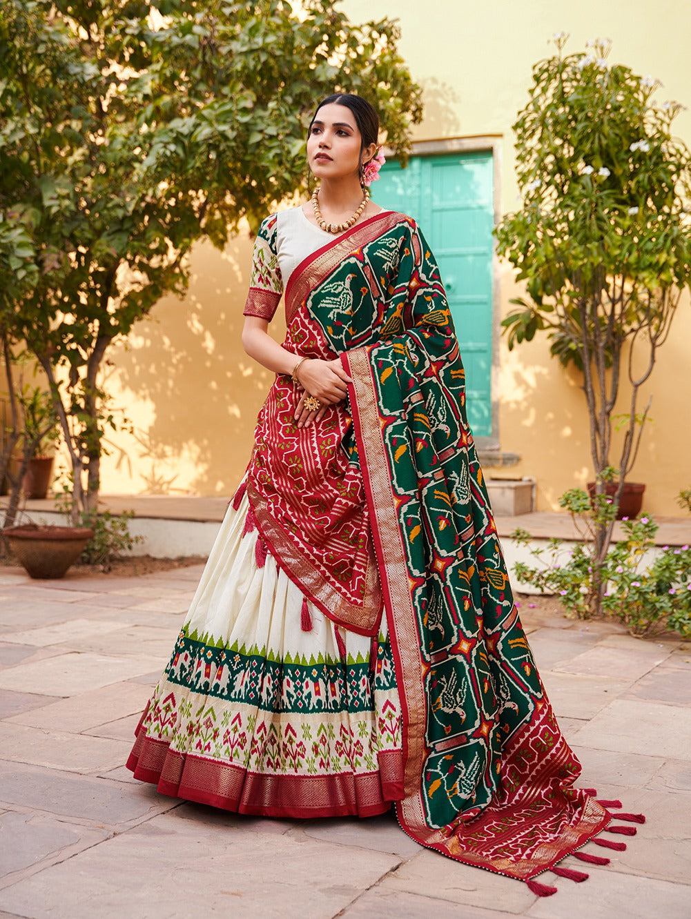 Green Color Patola Print Tussar Silk Lehenga Choli Set with Foil Detailing & Can Can ClothsVilla Main image