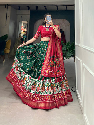 Green Color Patola Print Tussar Silk Lehenga Choli Set ClothsVilla