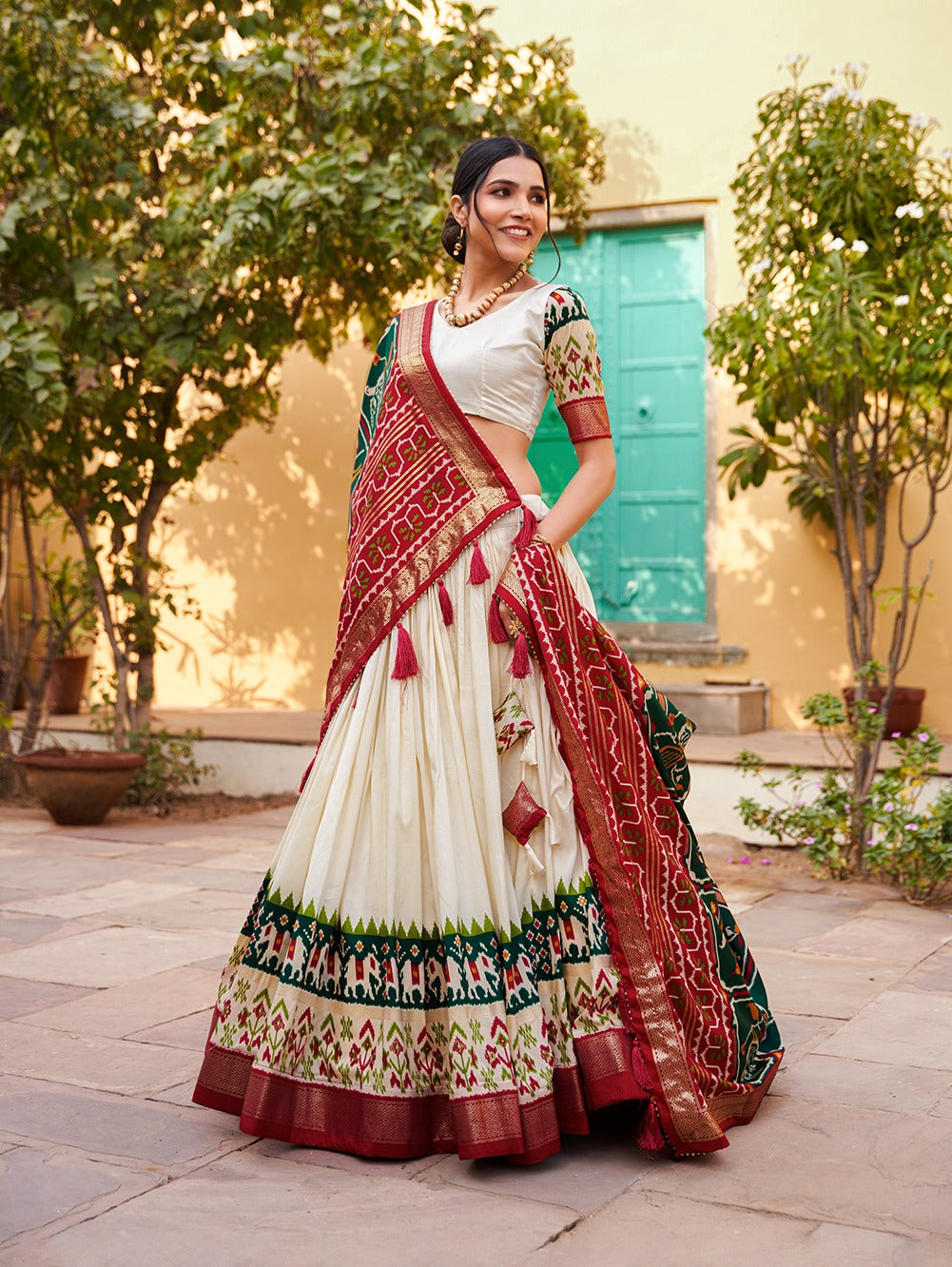 Green Color Patola Print Tussar Silk Lehenga Choli with Foil Detailing ClothsVilla