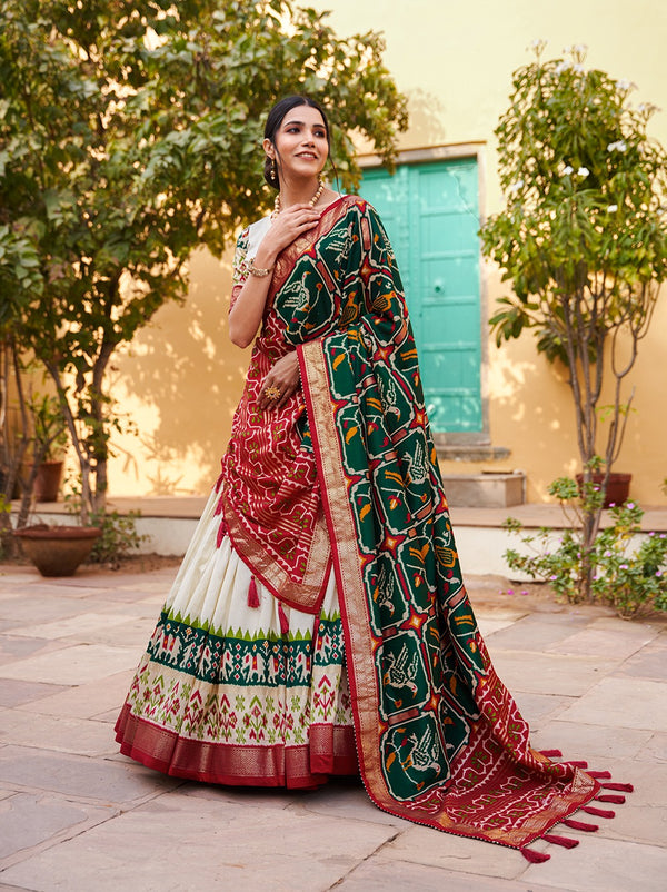 Green Color Patola Print Tussar Silk Lehenga Choli with Foil Detailing ClothsVilla