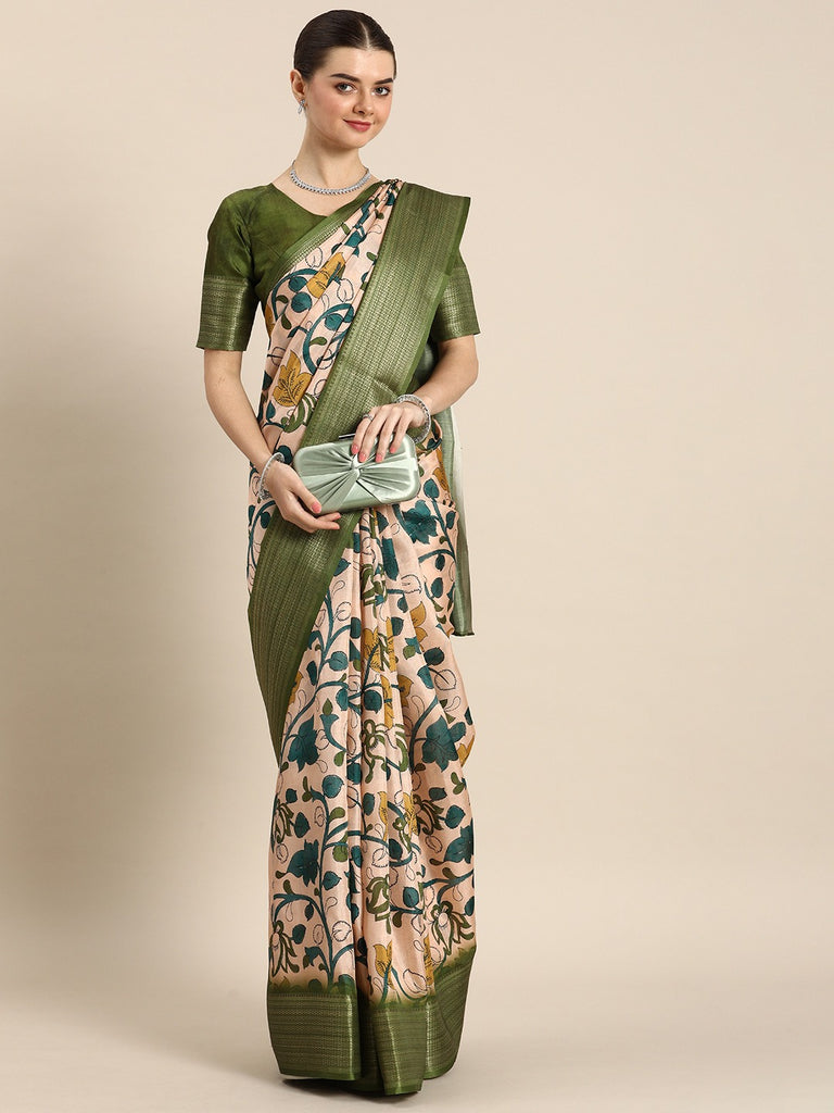 Green Color Printed With Zari Border Dola Silk Saree Clothsvilla