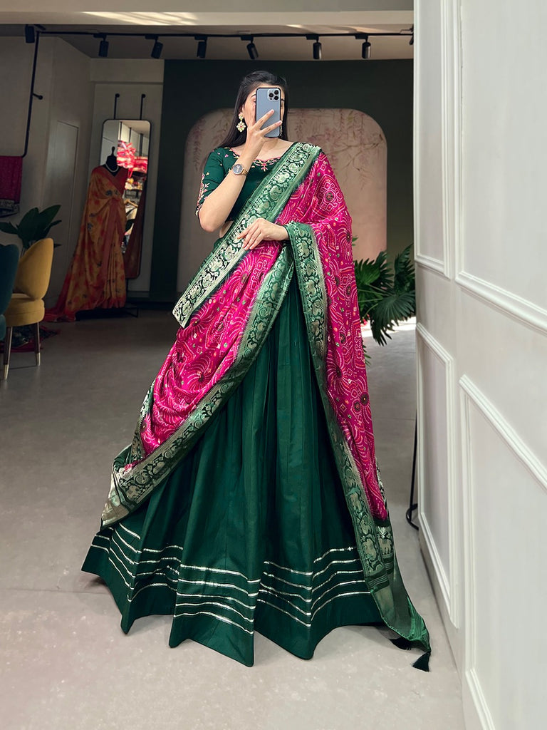 Green Color Pure Cotton Lehenga & Gaji Silk Dupatta Set with Gota & Mirrorwork ClothsVilla