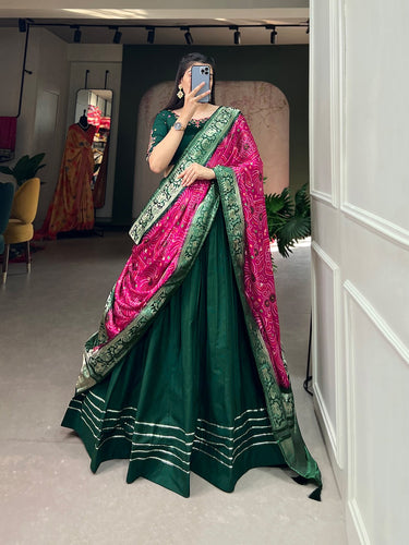EthnoVogue Pink & Green Embellished Made to Measure Lehenga & Blouse with  Dupatta - Absolutely Desi