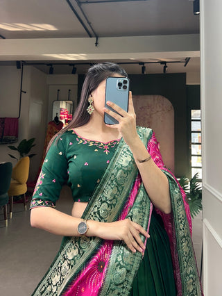 Green Color Pure Cotton Lehenga & Gaji Silk Dupatta Set with Gota & Mirrorwork ClothsVilla