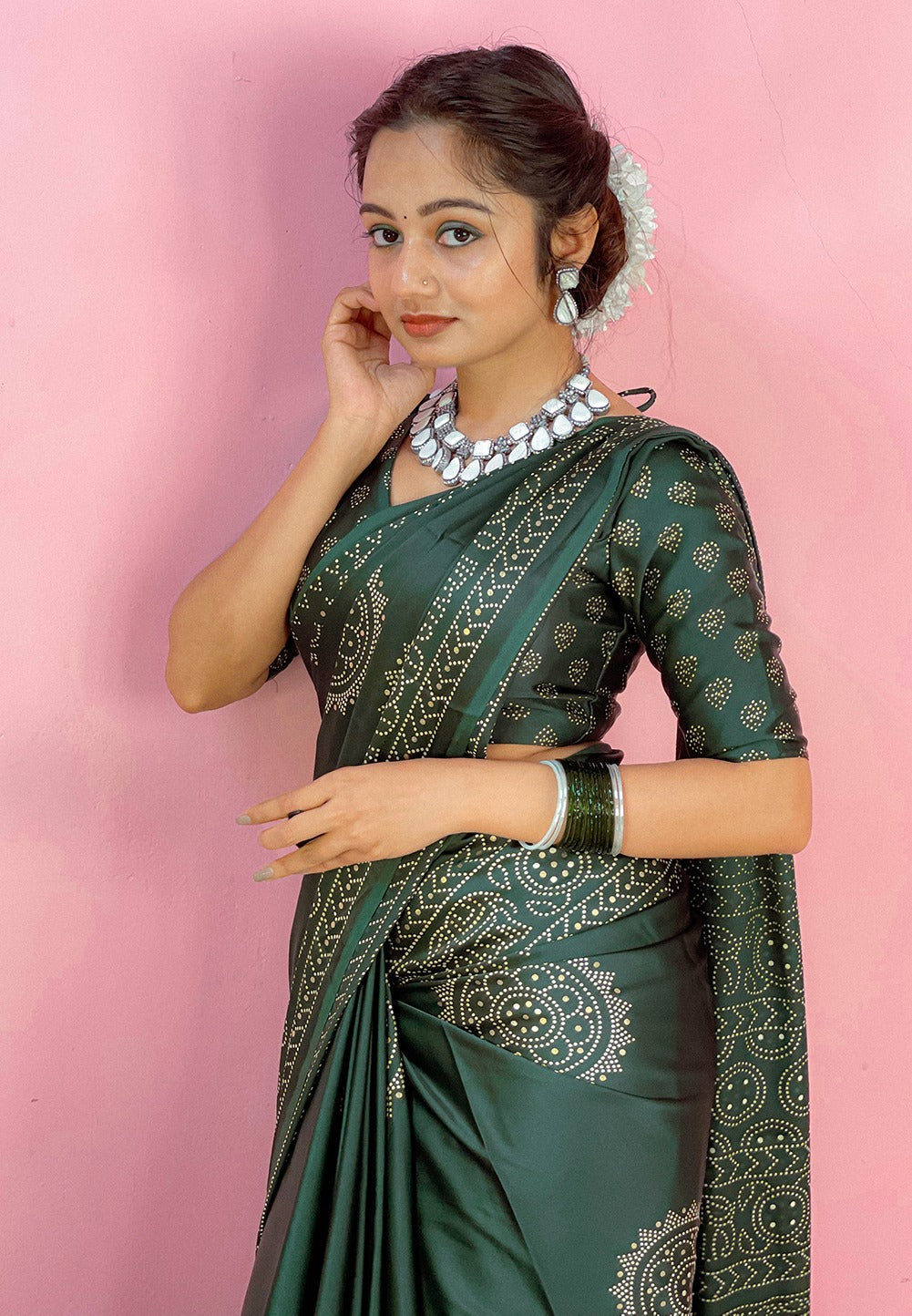 Green Color Printed And Foil Work Semi Gaji Satin Saree Clothsvilla