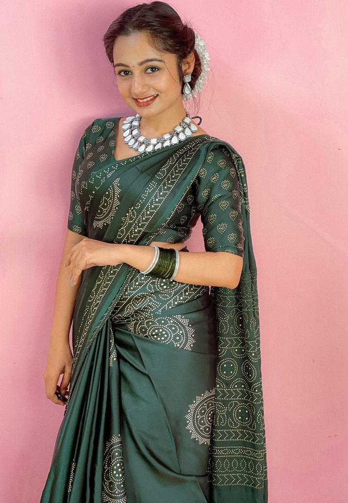 Green Color Printed And Foil Work Semi Gaji Satin Saree Clothsvilla