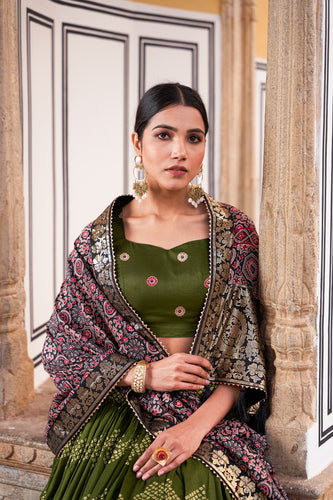 Green Color Tussar Silk Lehenga Choli with Ajarakh Prints ClothsVilla