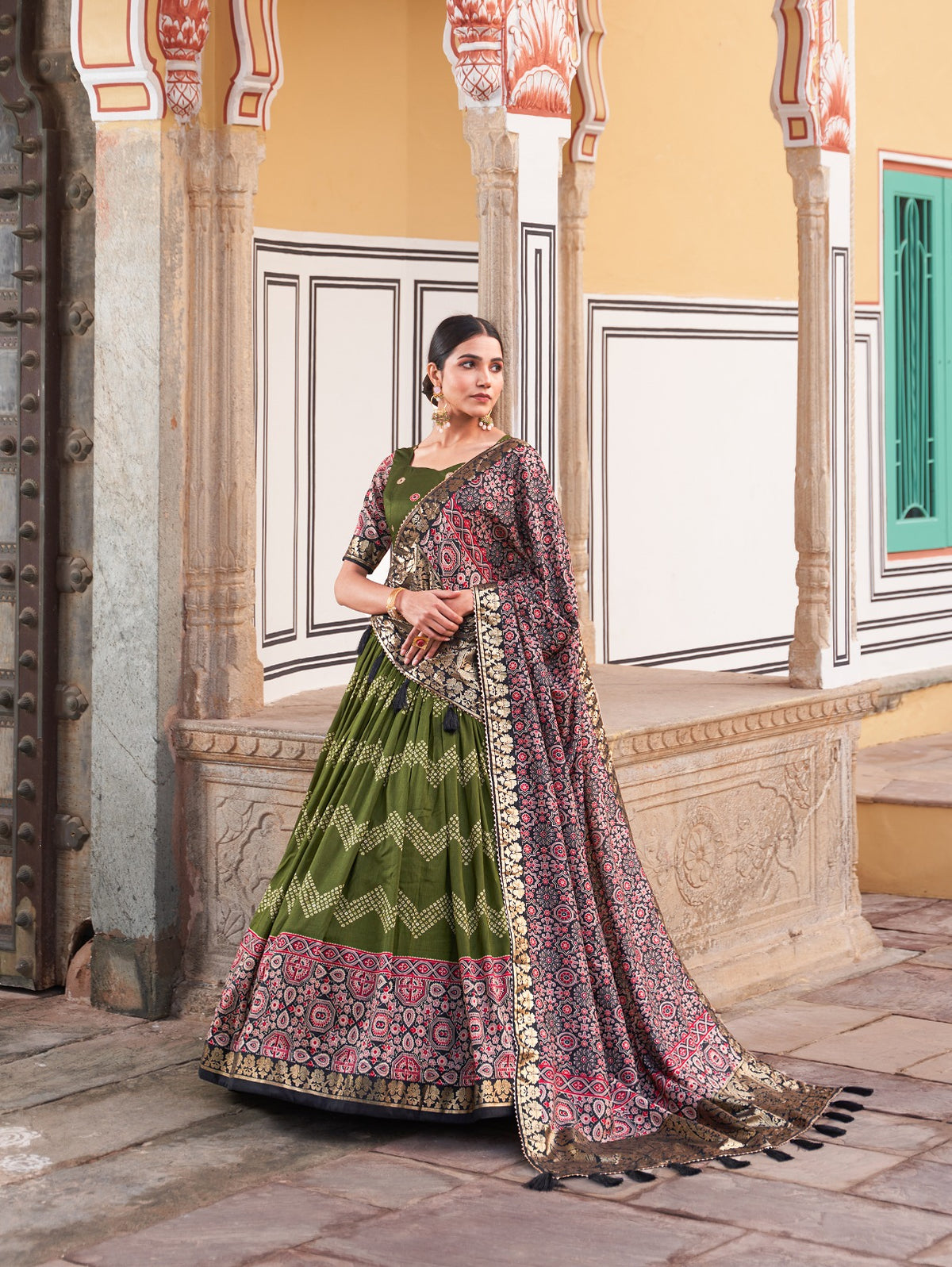Green Color Tussar Silk Lehenga Choli with Ajarakh Prints ClothsVilla Main image