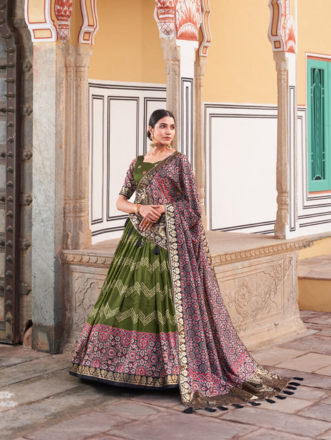 Green Color Tussar Silk Lehenga Choli with Ajarakh Prints ClothsVilla Main image