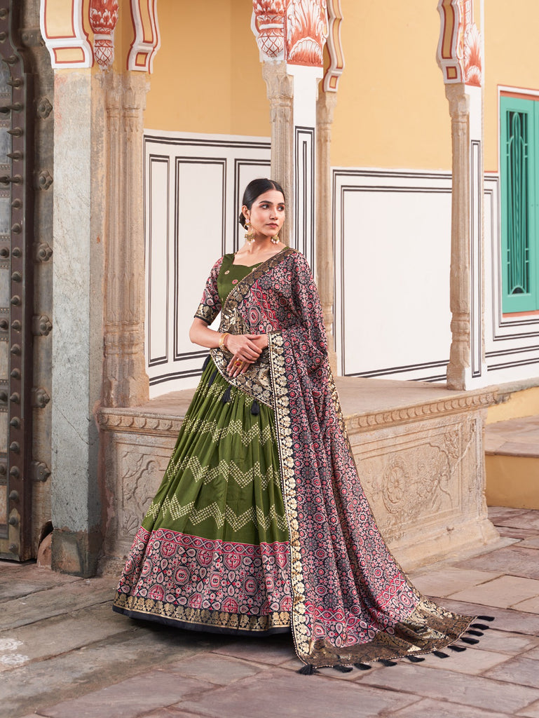 Green Color Tussar Silk Lehenga Choli with Ajarakh Prints ClothsVilla