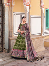 Load image into Gallery viewer, Green Color Tussar Silk Lehenga Choli with Ajarakh Prints ClothsVilla