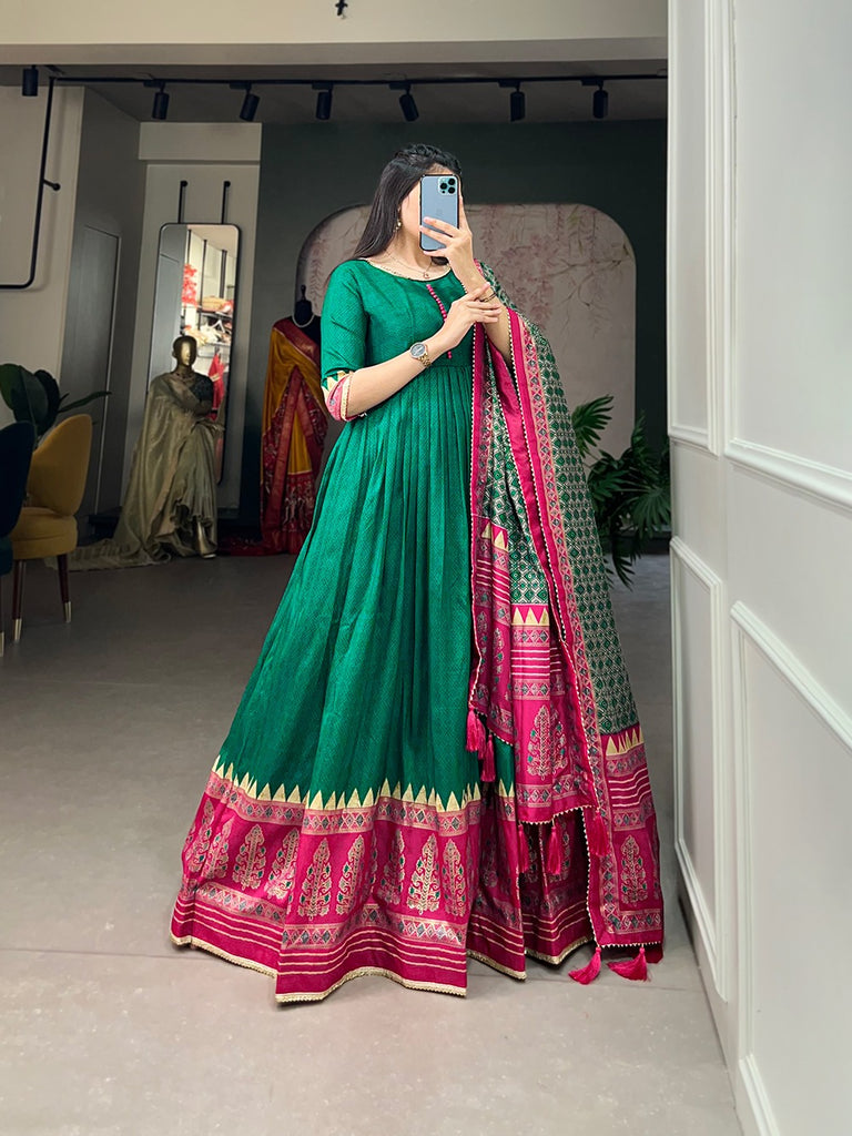 Green Color Tussar Silk Printed Gown with Dupatta - Contemporary Elegance ClothsVilla