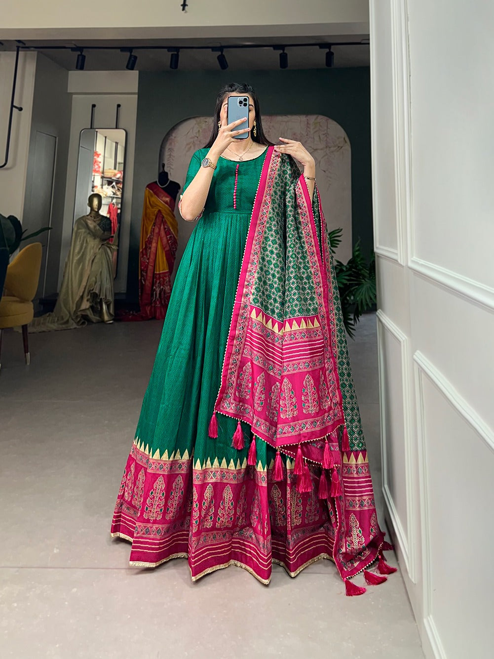 Green Color Tussar Silk Printed Gown with Dupatta - Contemporary Elegance ClothsVilla Main image