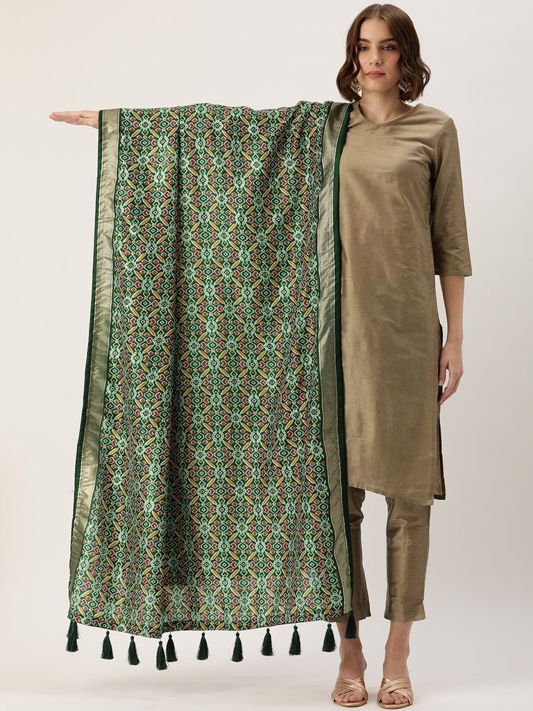 Green Color Tusser Silk Patola Printed Dupatta ClothsVilla